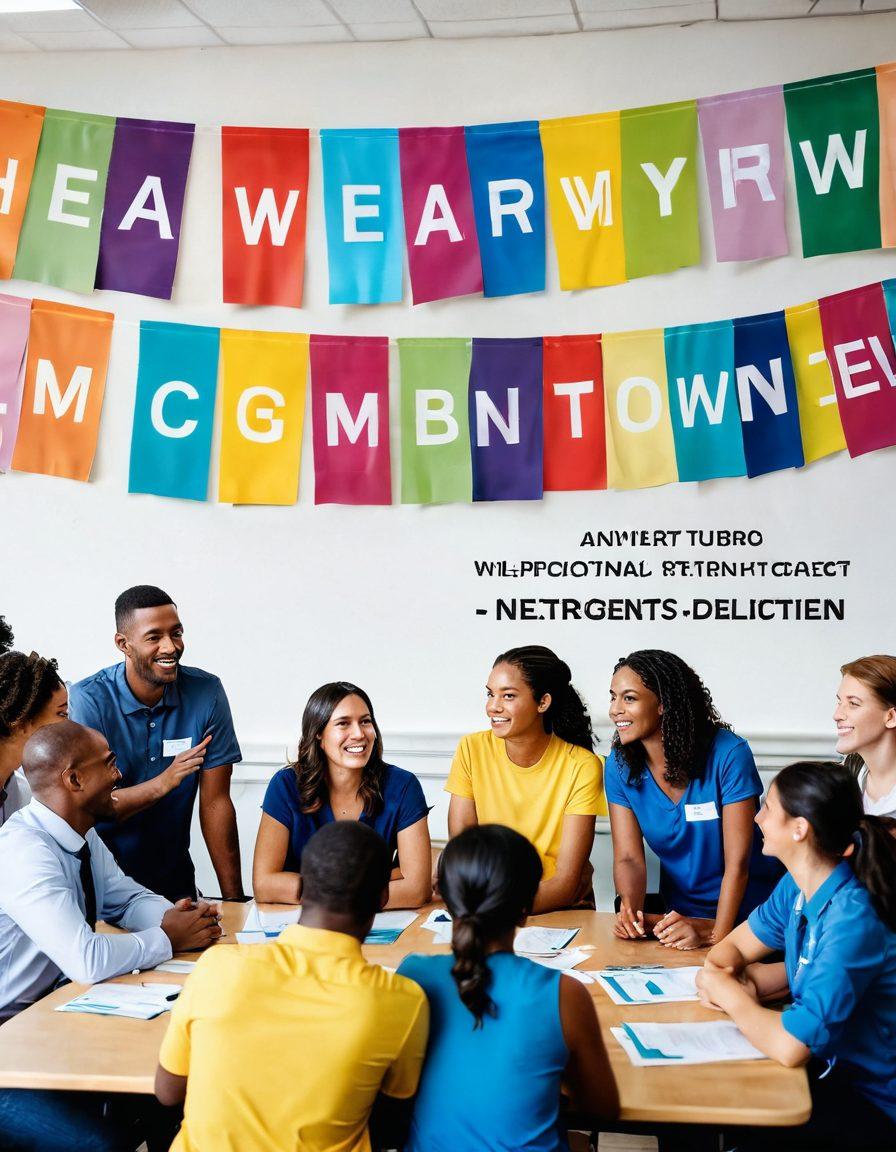 A diverse group of happy employees participating in an engaging and interactive orientation session, with colorful banners and motivational quotes around the room. Include elements like teamwork, smiles, and activities that encourage collaboration. Bright lighting and a welcoming atmosphere, showcasing a sense of community and belonging. super-realistic. vibrant colors. white background.