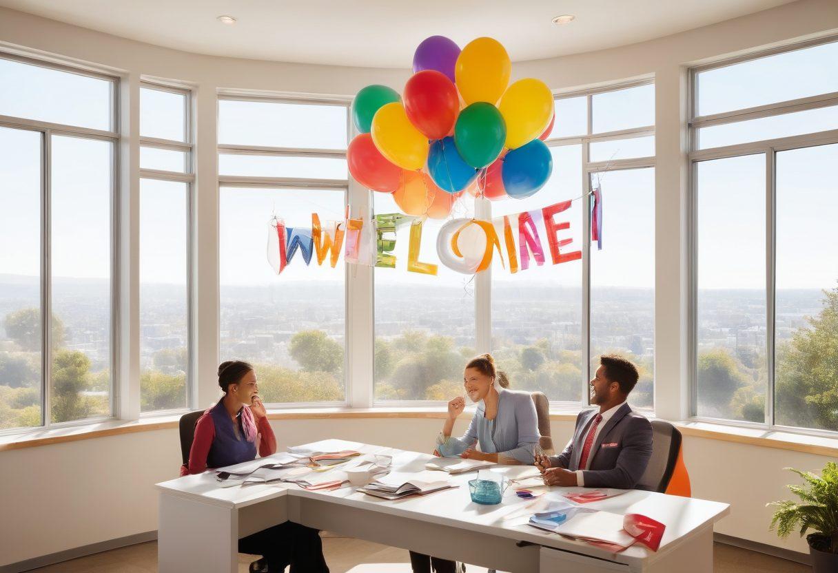 A serene office setting with a diverse group of smiling employees welcoming a new hire, colorful balloons and banners that read 'Welcome Aboard!' in the background, warm sunlight streaming through large windows, showcasing teamwork and joy. super-realistic. vibrant colors. white background.