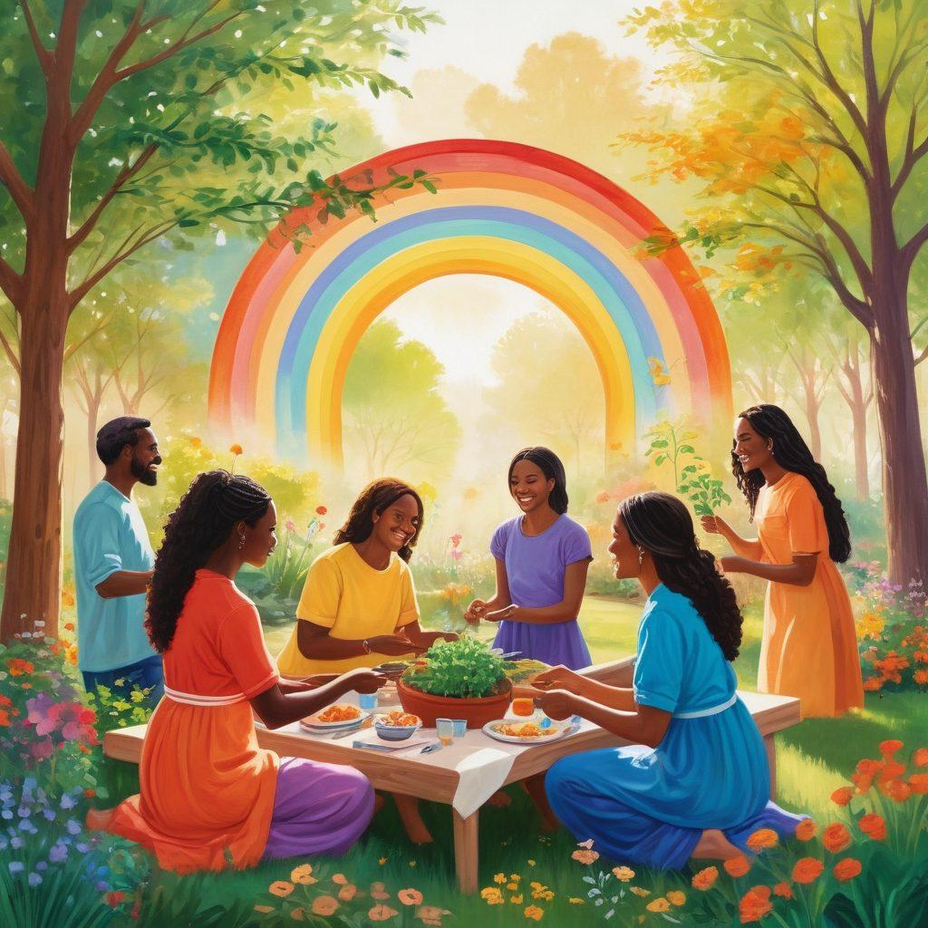 A serene scene depicting a diverse group of people joyfully engaging in community activities, such as planting a garden and sharing meals together. Warm, bright colors to reflect positivity and happiness, with soft sunlight filtering through the trees. Include subtle symbols of integration like intertwined hands and a rainbow in the background. The setting should feel inviting and harmonious, capturing the essence of connection and well-being. vibrant colors. painting.